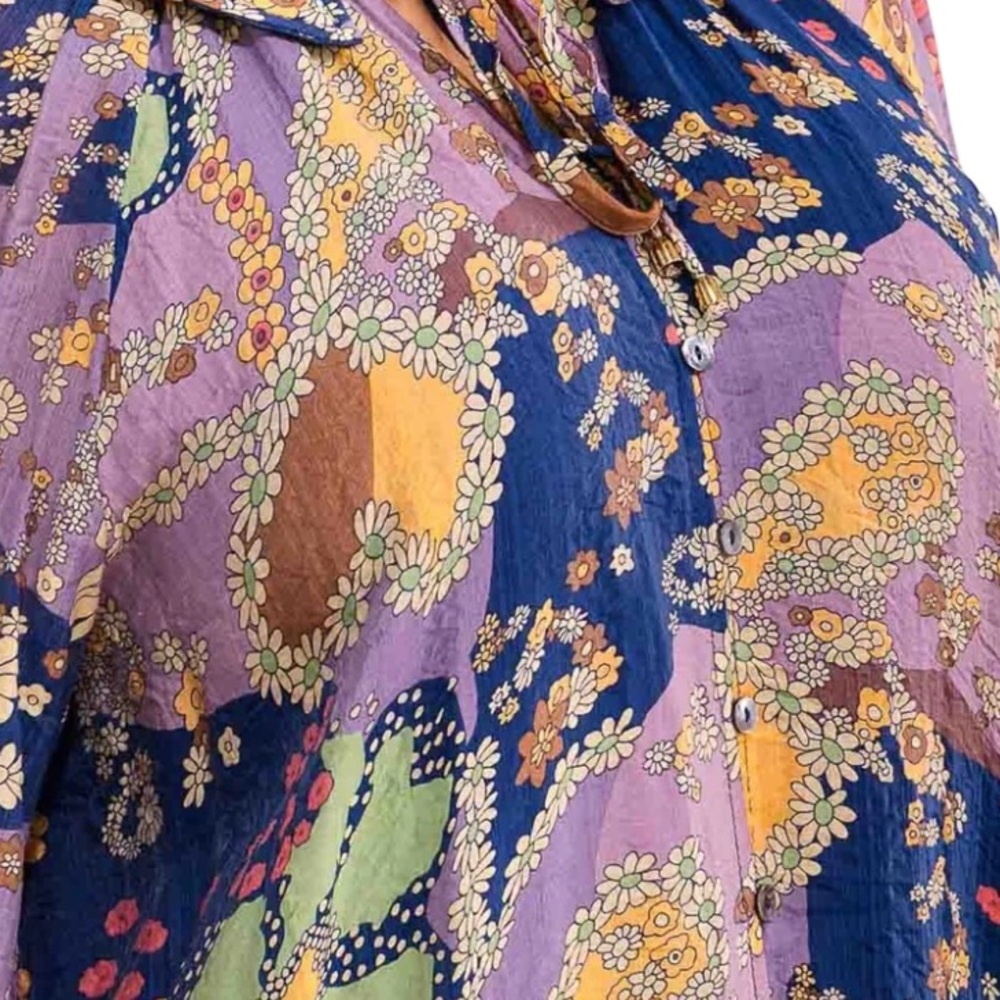 Floral Print Ruffle Trim Smocked Cuff Boho Blouse Top - Picture 3 of 3